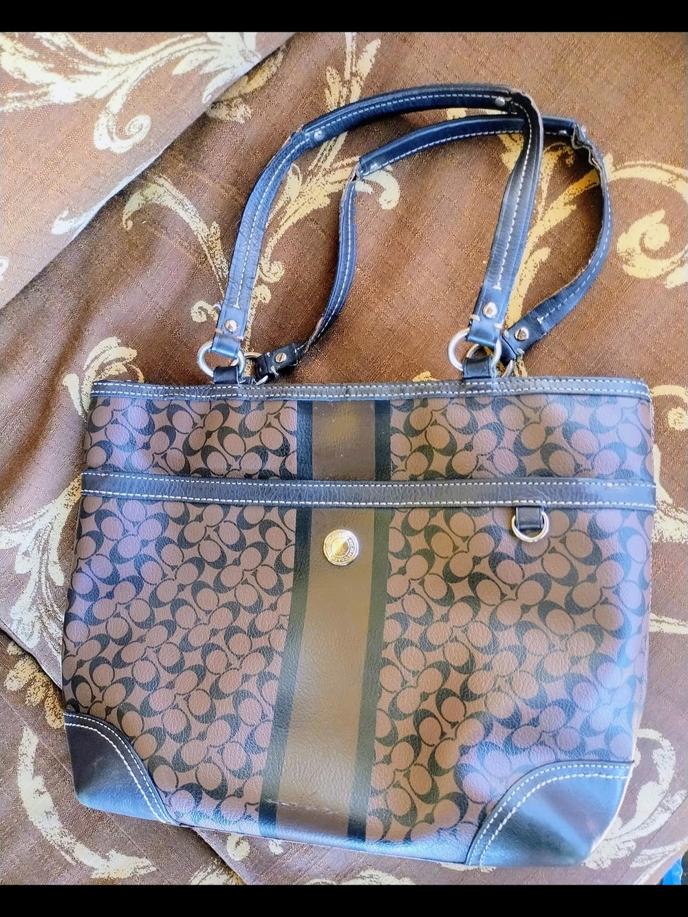 Coach Brown and Black Signature Stripe Tote